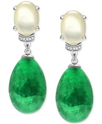 Macy's - Dyed Green Jade, Mother-of-Pearl, & White Zircon (1/20 ct. t.w.) Drop Earrings in Sterling Silver