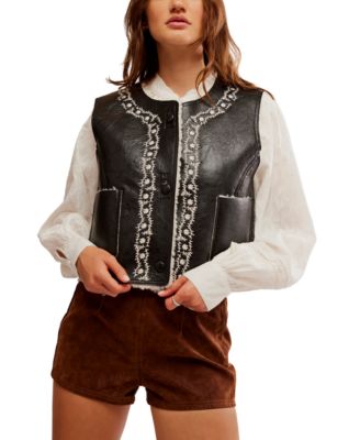 Free People - Women's Travelers Faux-Leather Embroidered Vest