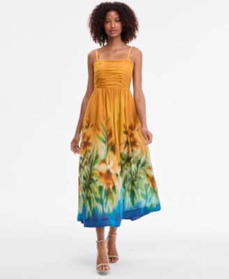 Tahari ASL - Petite Cotton Pleated-Bodice Printed-Skirt Midi Dress