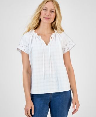 Style & Co - Women's Embroidered Cotton Flutter-Sleeve Top, Exclusively at Macy's