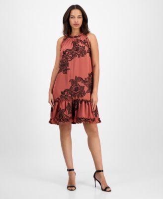 Robbie Bee - Plus Size Printed Ruffle-Neck Shift Dress