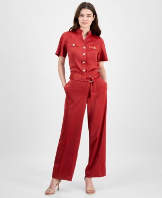 Anne Klein - Women's Pull On High Rise Belted Wide Leg Satin Pants