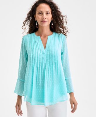 Style & Co - Women's Swiss-Dot Pleated Split-Neck Top