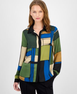 T Tahari - Women's Printed Button-Front Blouse