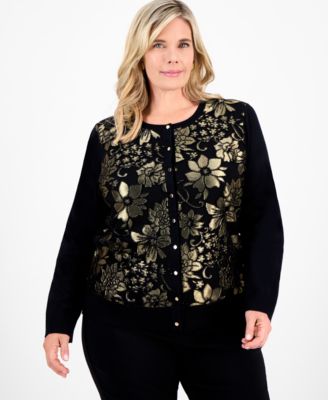 JM Collection - Plus Size Metallic Jacquard Button-Front Cardigan