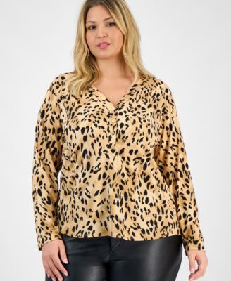 I.N.C. International Concepts - Plus Size Printed Long-Sleeve Button-Neck Top