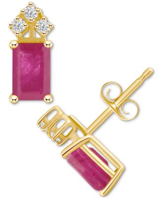 Macy's - Emerald (1-1/8 ct. t.w.) & Diamond (1/8 ct. t.w.) Crown Stud Earrings in 14k Gold (Also in Ruby & Tanzanite)