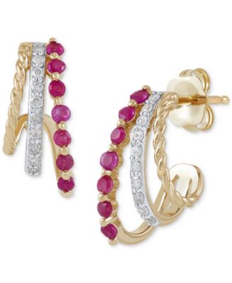 Macy's - Emerald (1/4 ct. t.w.) & Diamond (1/10 ct. t.w.) Curved Halo Hoop Earrings in 14k Gold (Also in Ruby & Sapphire)