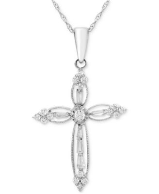 Macy's - Diamond Round & Baguette Openwork Cross 18" Pendant Necklace (1/4 ct. t.w.) in 14k White Gold