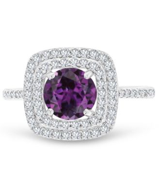 Macy's - Amethyst (1-1/5 ct. t.w.) & Lab-Grown White Sapphire (1/2 ct. t.w.) Square Halo Birthstone Ring in Sterling Silver (Also in Additional Birthstones)