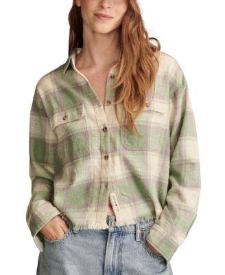 Lucky Brand - Cotton Raw Edge Plaid Cropped Button Down Top