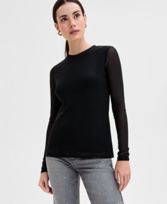 I.N.C. International Concepts - Women's Long-Mesh-Sleeve Crewneck Top