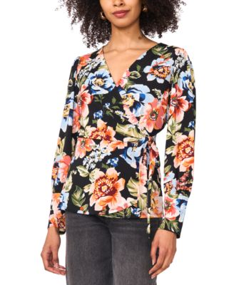 Sam & Jess - Women's Floral Surplice-Neck Long-Sleeve Wrap Top