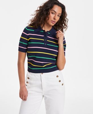 On 34th - Women's Striped Polo-Neck Short-Sleeve Sweater
