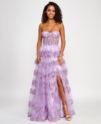 B Darlin - Juniors' Floral Sequin Embellished Ruffled Strapless Gown