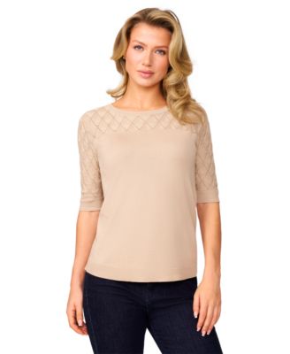 Melissa Paige - Women's Yoke Wave Stitch Elbow-Sleeve Sweater