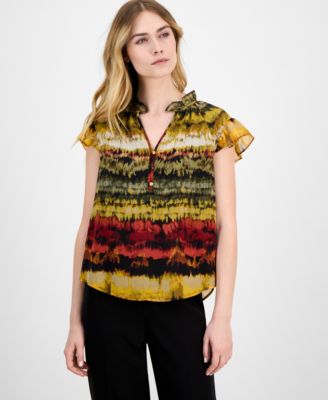 Anne Klein - Women's Printed Ruffled-Neck Flutter-Sleeve Chiffon Top