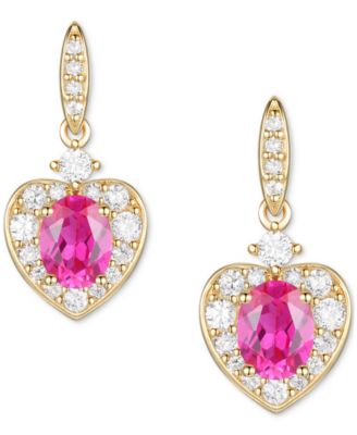 Macy's - Lab Grown Ruby (5/8 ct. t.w.) & Lab Grown White Sapphire (1/3 ct. t.w.) Heart Halo Drop Earrings in 14k Gold-Plated Sterling Silver