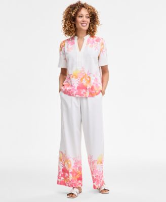 JM Collection - Women's Placed Print Linen-Blend Pants, Exclusively at Macy's