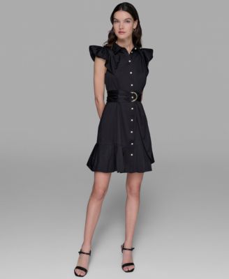 KARL LAGERFELD PARIS - Women's Flutter-Sleeve Belted Flounce-Hem Dress