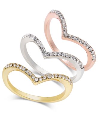 I.N.C. International Concepts - Tri-Tone 3-Pc Set Crystal Chevron.Stackable Rings