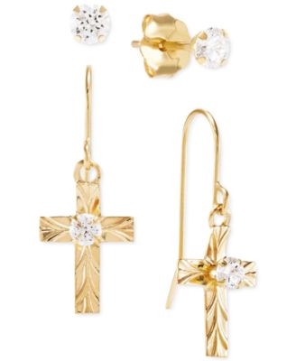 Macy's - 2-Pc. Set Cubic Zirconia Solitaire Stud Earrings & Cross Drop Earrings in 10k Gold
