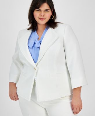 Kasper - Plus Size Tweed One-Button Trimmed Blazer