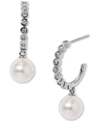 Eliot Danori - Silver-Tone Imitation Pearl & Cubic Zirconia Small Hoop Earrings, 0.625"