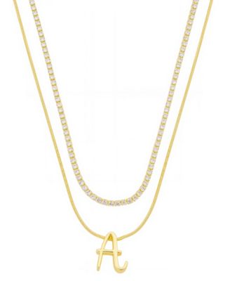 Unwritten - Letter "A" Initial Snake Chain Cubic Zirconia Chain Necklace With Extender 2Pcs Set