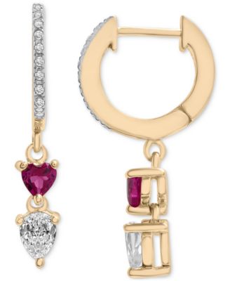 Macy's - Lab-Grown Ruby (3/8 ct. t.w.), Lab-Grown White Sapphire (3/8 ct. t.w.) & Diamond (1/20 ct. t.w.) Dangle Huggie Hoop Earrings in 14k Gold-Plated Sterling Silver