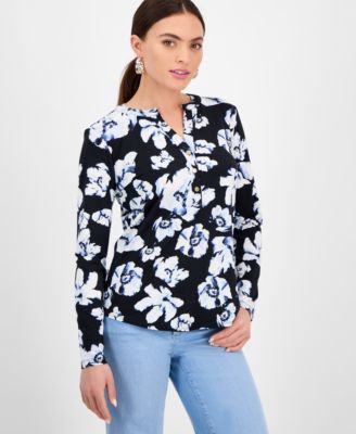 I.N.C. International Concepts - Petite Floral Button-Placket Top