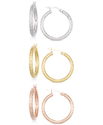 Macy's - Set of Three Textured Hoop Earrings in 14k Tri-Gold Vermeil and Sterling Silver
