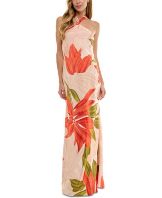 SENI & CADE - Juniors' Printed Halter-Neck Satin Long Dress