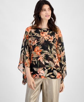 Kasper - Women's Floral 3/4-Sleeve Poncho Blouse