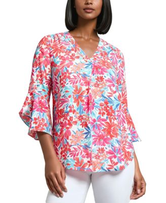 Jones New York - Women's Floral-Print V-Neck Flutter-Sleeve Blouse