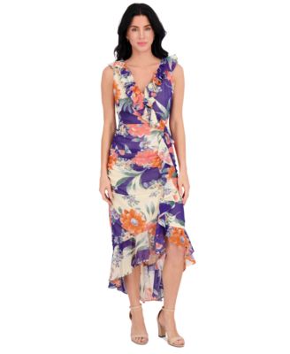 kensie - Women's Printed Ruffled High-Low Maxi Dress