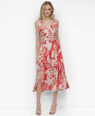 DKNY - Women's Printed V-Neck Belted Sleeveless Dress