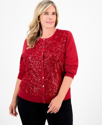 JM Collection - Plus Size Sequin Embellished Button-Front Cardigan