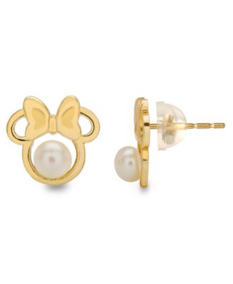 Disney - Children's Cultured Freshwater Pearl (4mm) Minnie Mouse Stud Earrings in 14k Gold