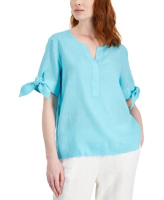 Charter Club - Linen Split-Neck Tie-Cuff Top