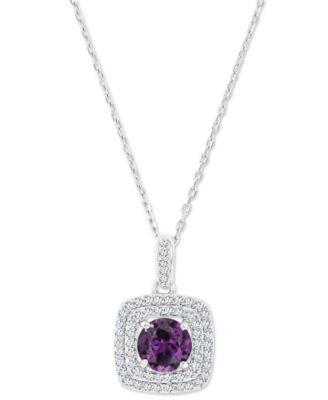 Macy's - Amethyst (1-1/5 ct. t.w.) & Lab-Grown White Sapphire (1/3 ct. t.w.) Square Halo Birthstone Pendant Necklace in Sterling Silver, 16" + 2" extender (Also in Additional Birthstones)