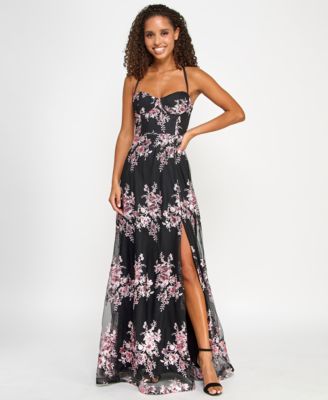 Violet Weekend - Juniors Sequin-Embroidered Side-Slit Gown