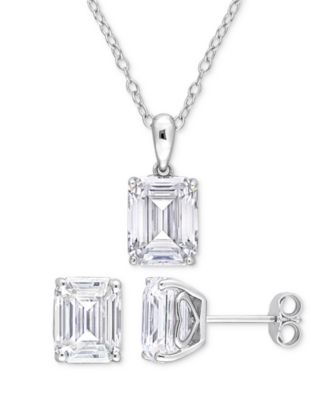 Macy's - 2-Pc. Set Moissanite (7-1/2 ct. t.w.) Emerald-Cut Stud Earrings & Pendant 18" Necklace in Sterling Silver