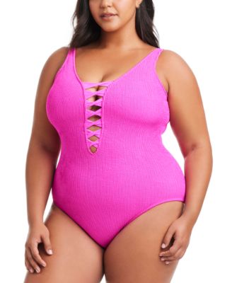 Bleu by Rod Beattie - Plus Size Pucker Up Lace-Down Over-The-Shoulder Swimsuit