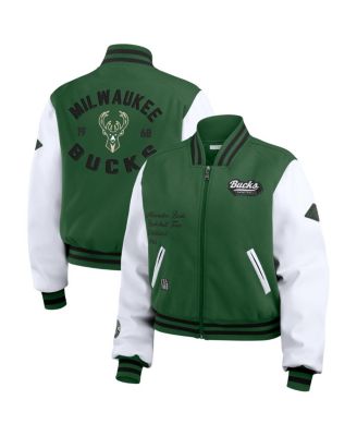 WEAR by Erin Andrews - Women's Hunter Green/White Milwaukee Bucks Cropped Varsity Full-Zip Jacket