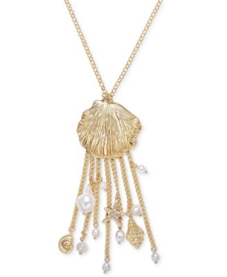 I.N.C. International Concepts - Gold-Tone Pav&eacute; & Imitation Pearl Shell Fringe Statement Pendant Necklace, 31" + 3" extender