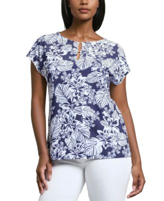 Jones New York - Women's Leaf-Print Extended-Shoulder Top