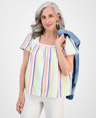 Style & Co - Petite Camp Stripe Square-Neck Cotton Top
