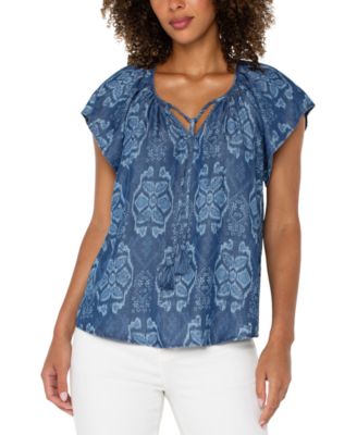 Liverpool Los Angeles - Women's Chambray Ikat Split-Neck Top