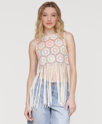 Avec Les Filles - Women's Crochet Fringe-Hem Crop Top